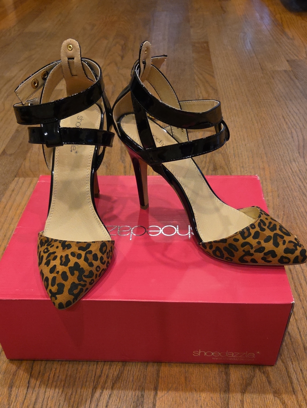 Black Patent and Leopard Print Pointed-Toe Heels